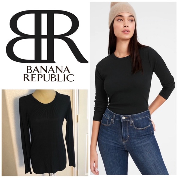 Banana Republic fitted black stretch long sleeve crew neck top - Picture 1 of 7